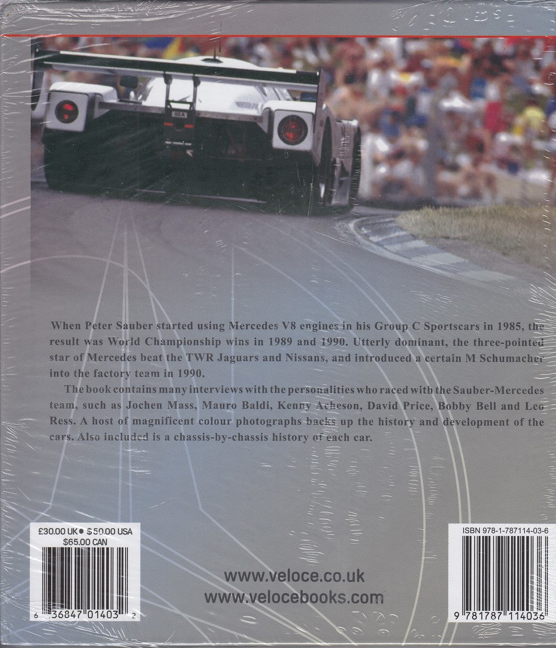 Racecar history book back cover with text and small racecar photo