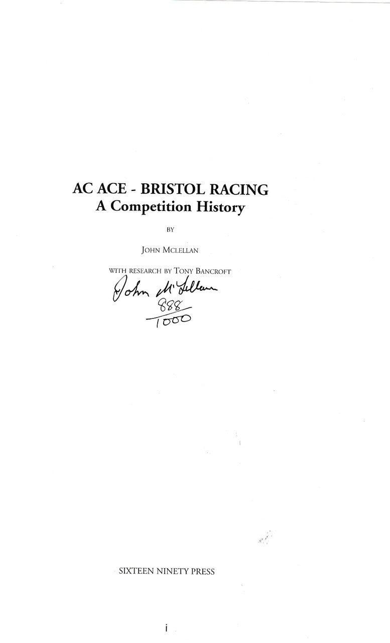 Book title page for AC ACE - BRISTOL RACING by John Mclellan and Tony Bancroft