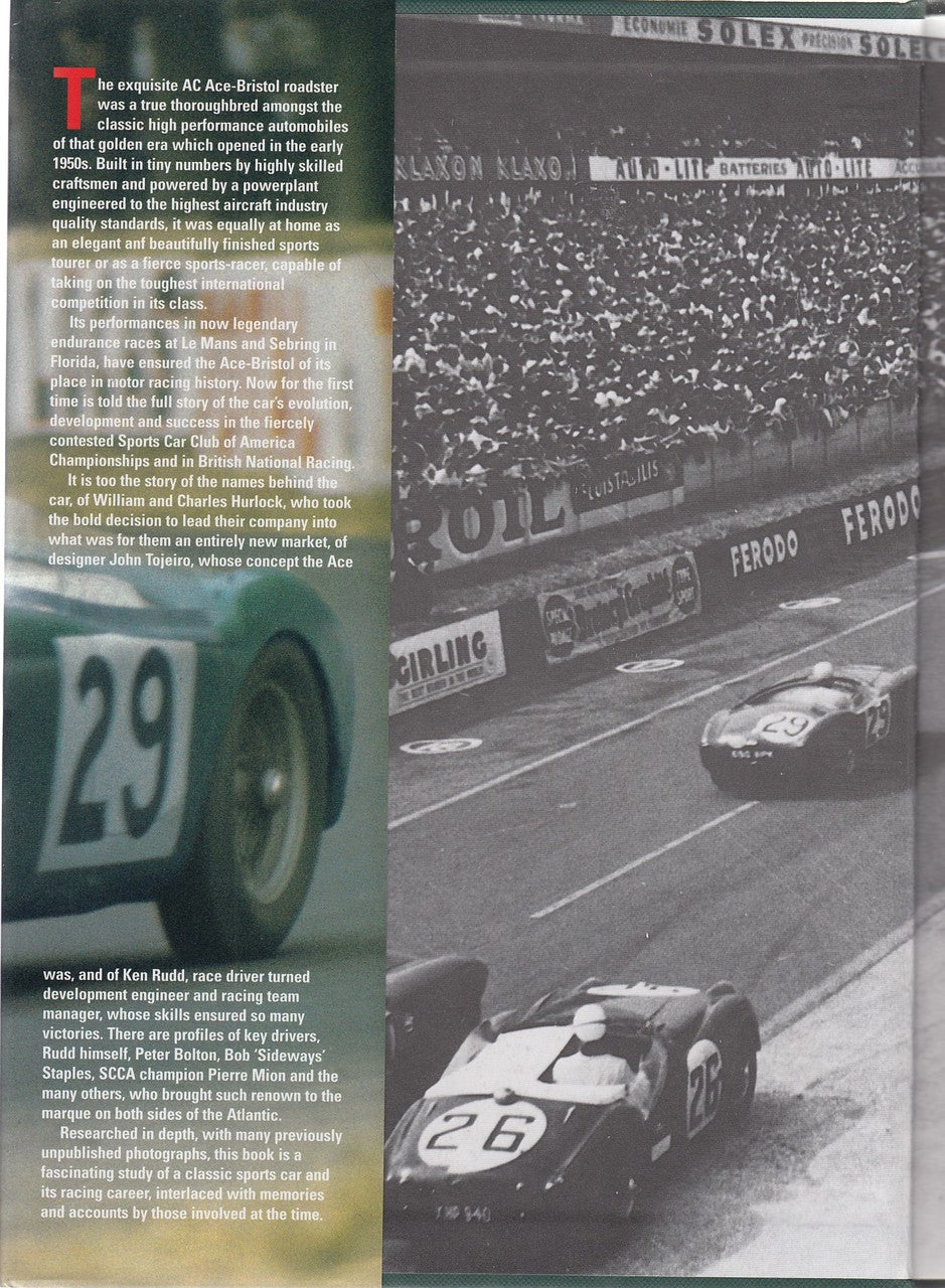 Book page spread with racing car photos and columns of text