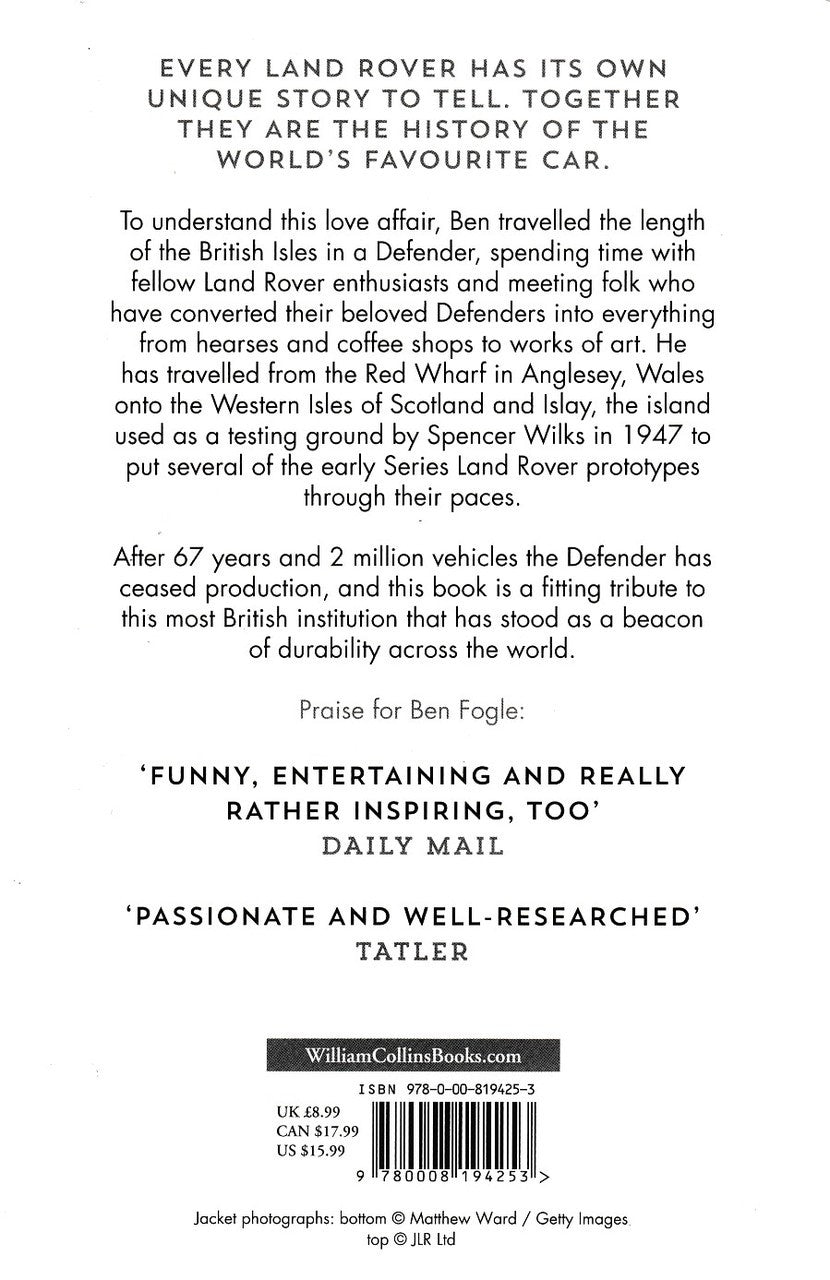 Land Rover story book back cover with synopsis, quotes, and barcode