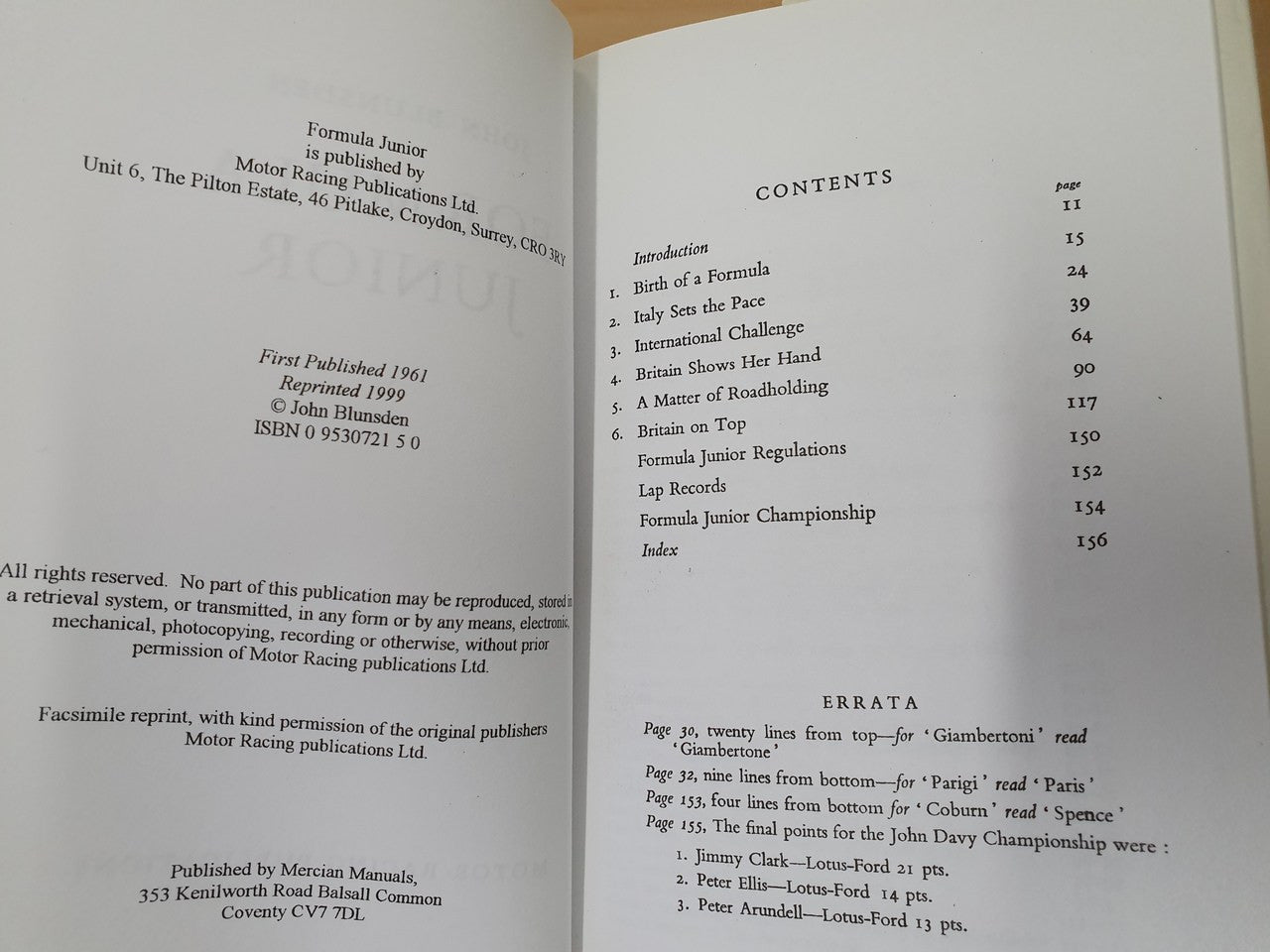 Open Formula Junior book showing contents page text and publication details