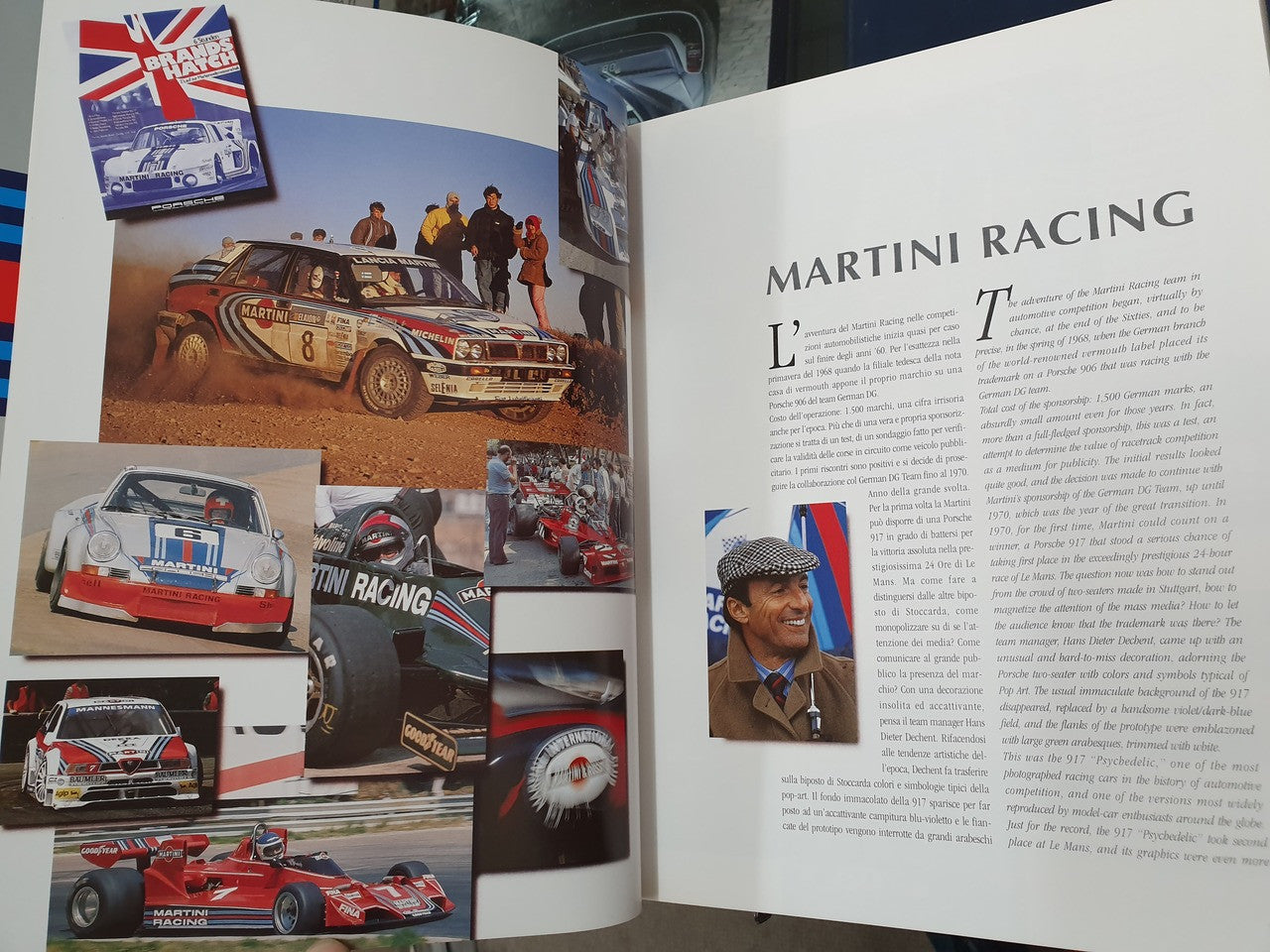 Hardcover racing story book open, collage of racing photos and a portrait