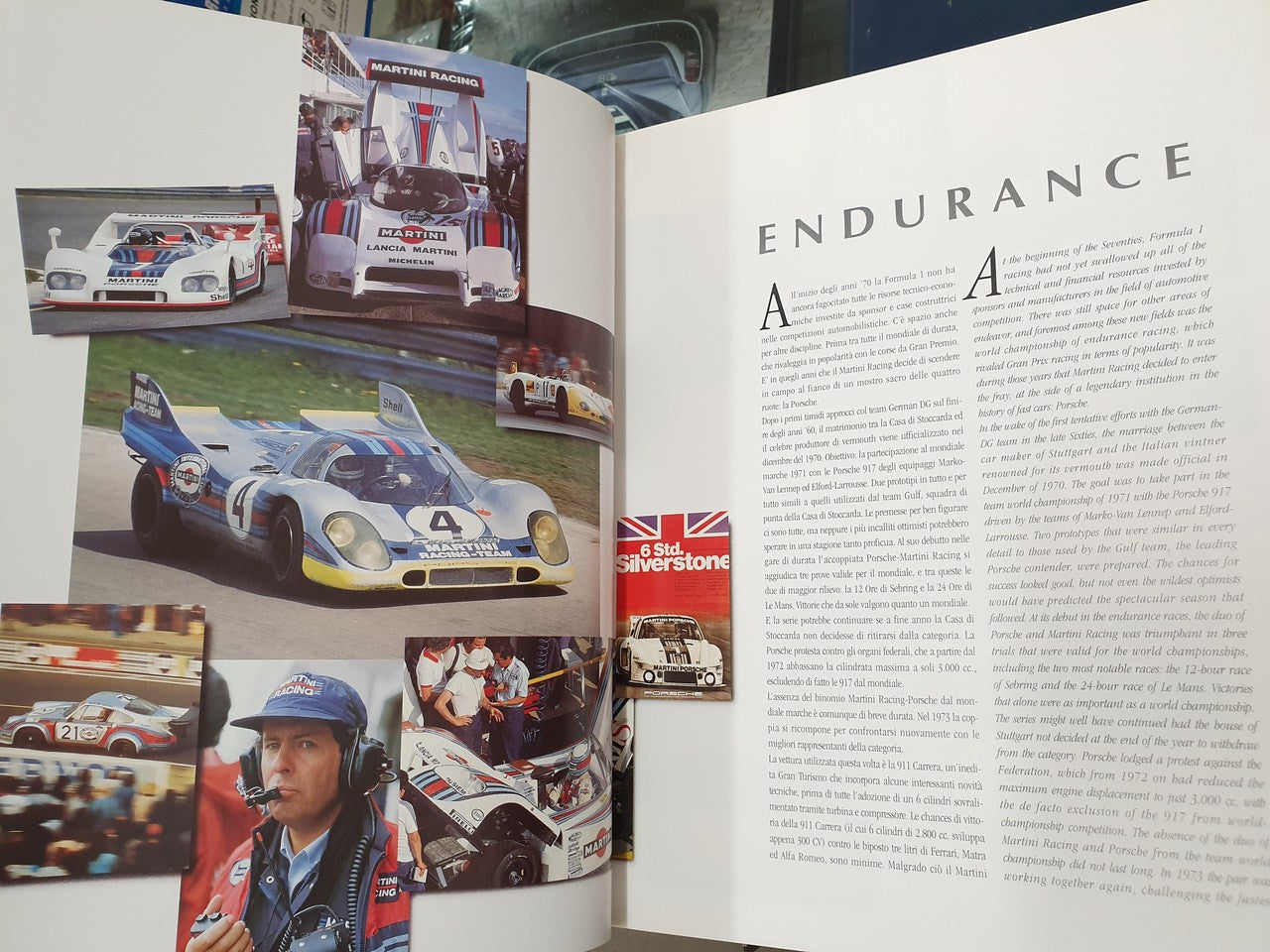 Hardcover racing story book open, endurance chapter text with racing photo collage