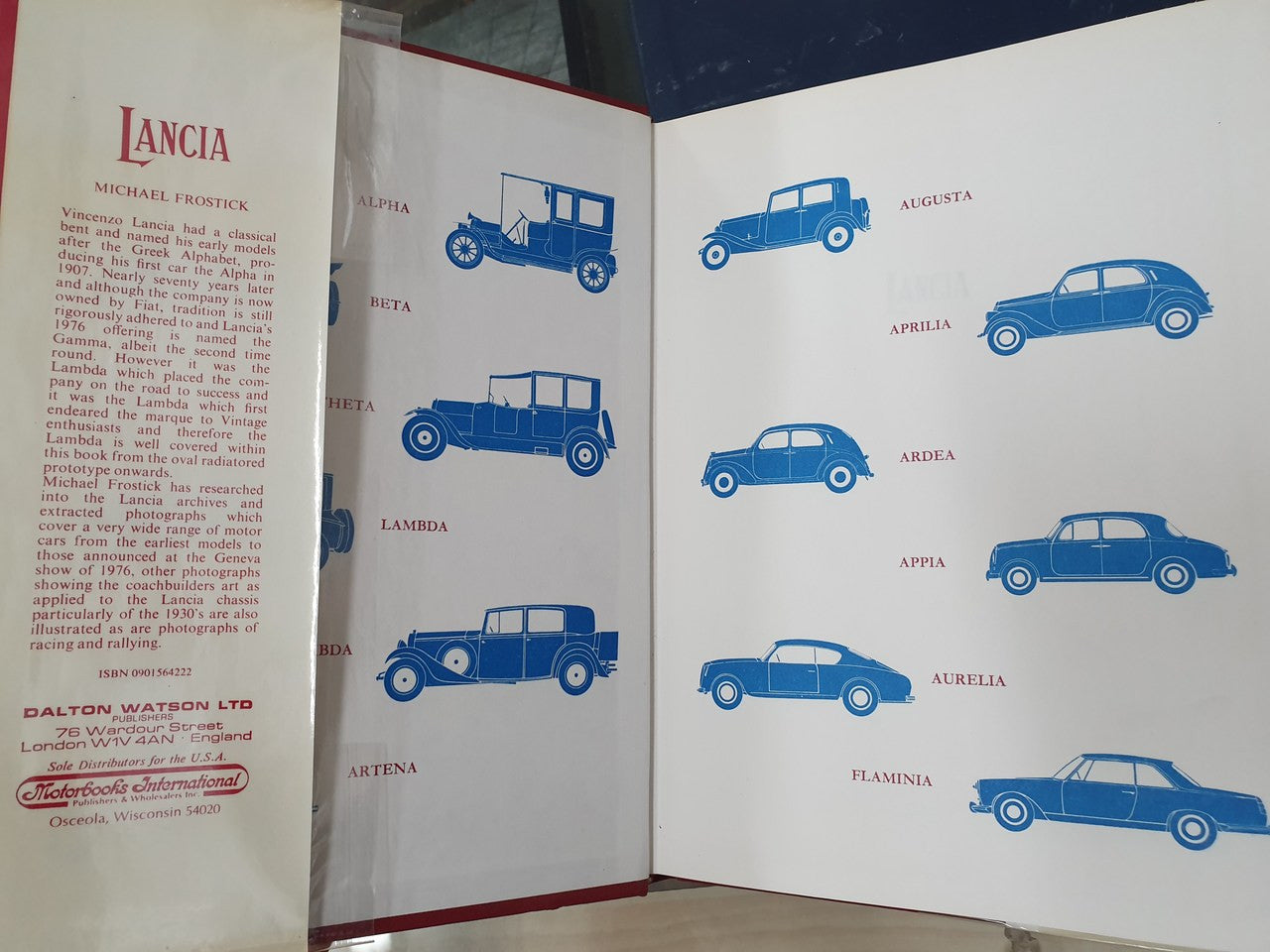 Vintage racing book spread with blue car diagrams labeled by model name
