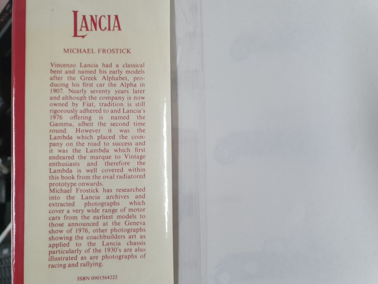 Vintage racing book cover with LANCIA title and Michael Frostick