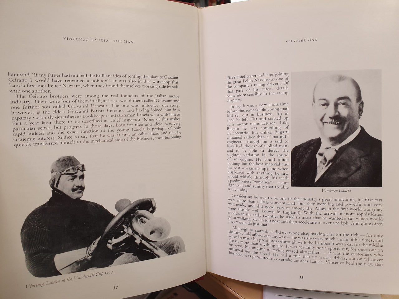 Open vintage racing book with black-and-white photos and dense text pages
