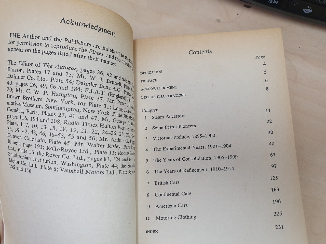 Paperback book open to acknowledgment and contents pages with numbered sections.