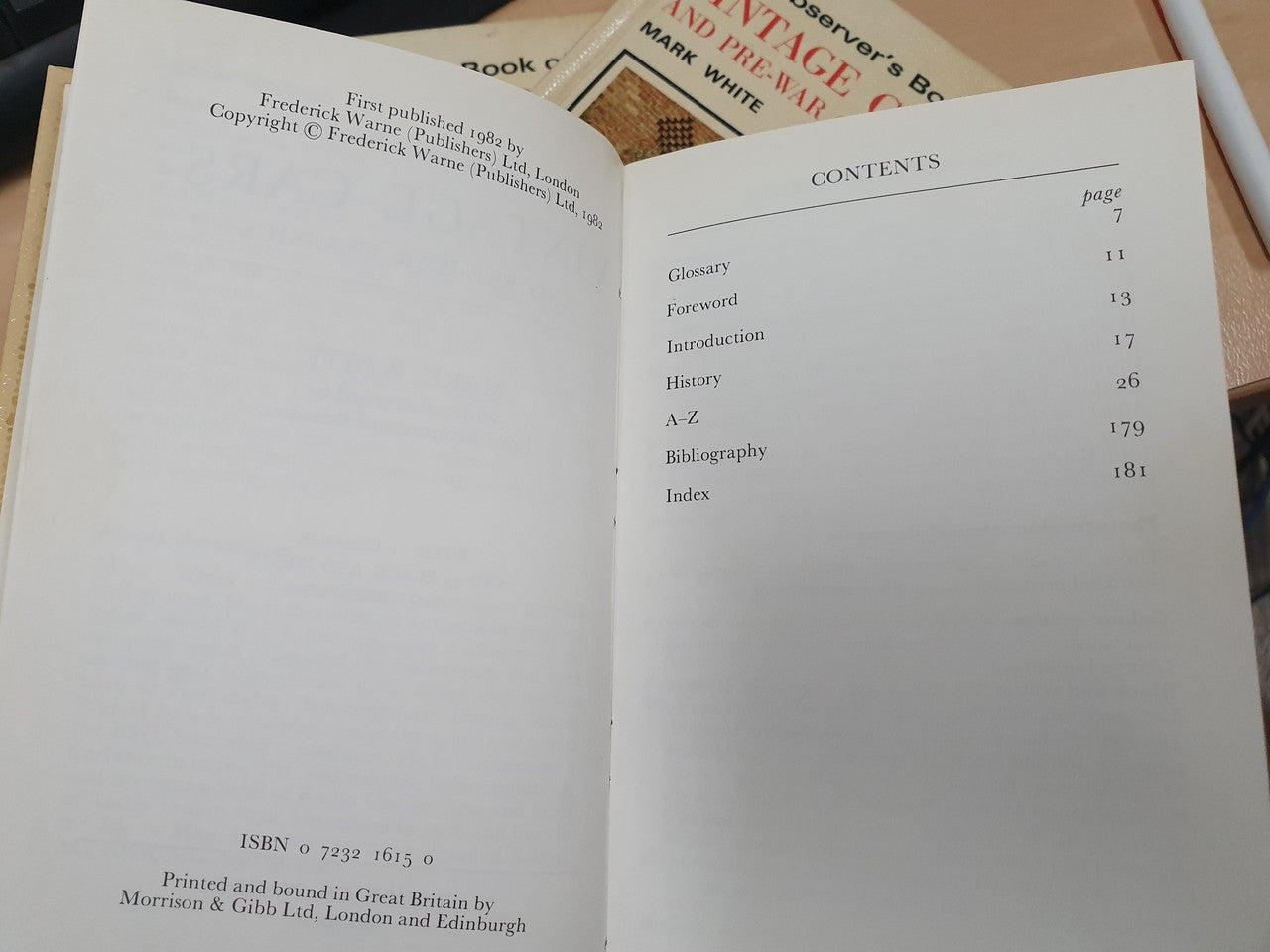 Vintage car and pre-war classics book, open to contents list page.