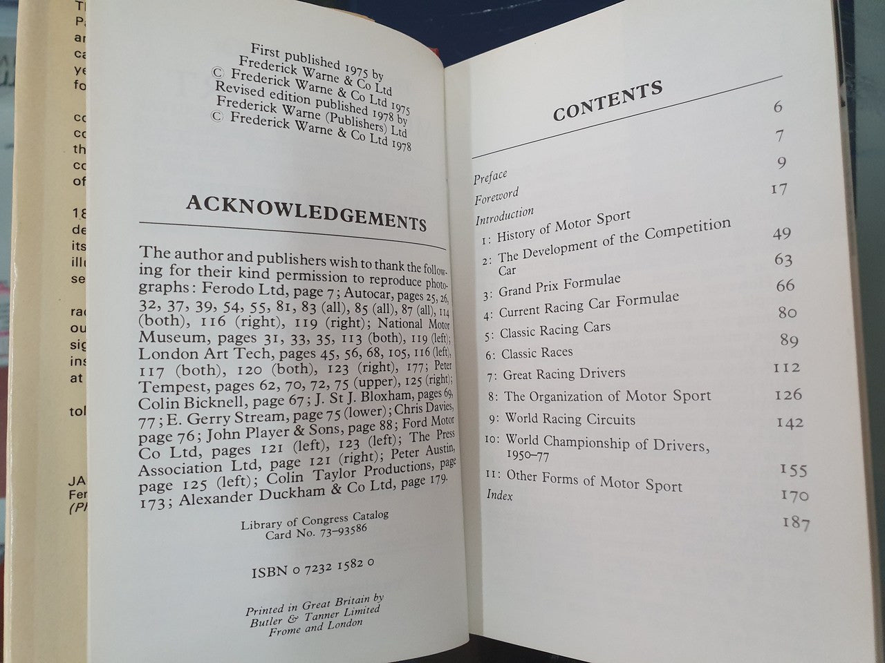 Motor sport book contents page with ACKNOWLEDGEMENTS heading and numbered sections