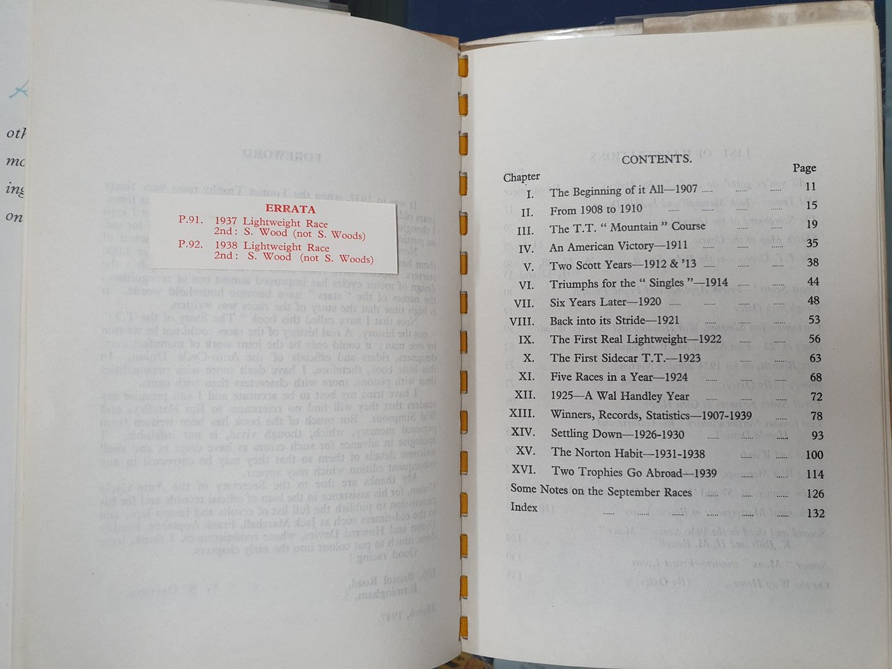 Open hardcover book showing an “ERRATA” page and “CONTENTS” list with chapters.