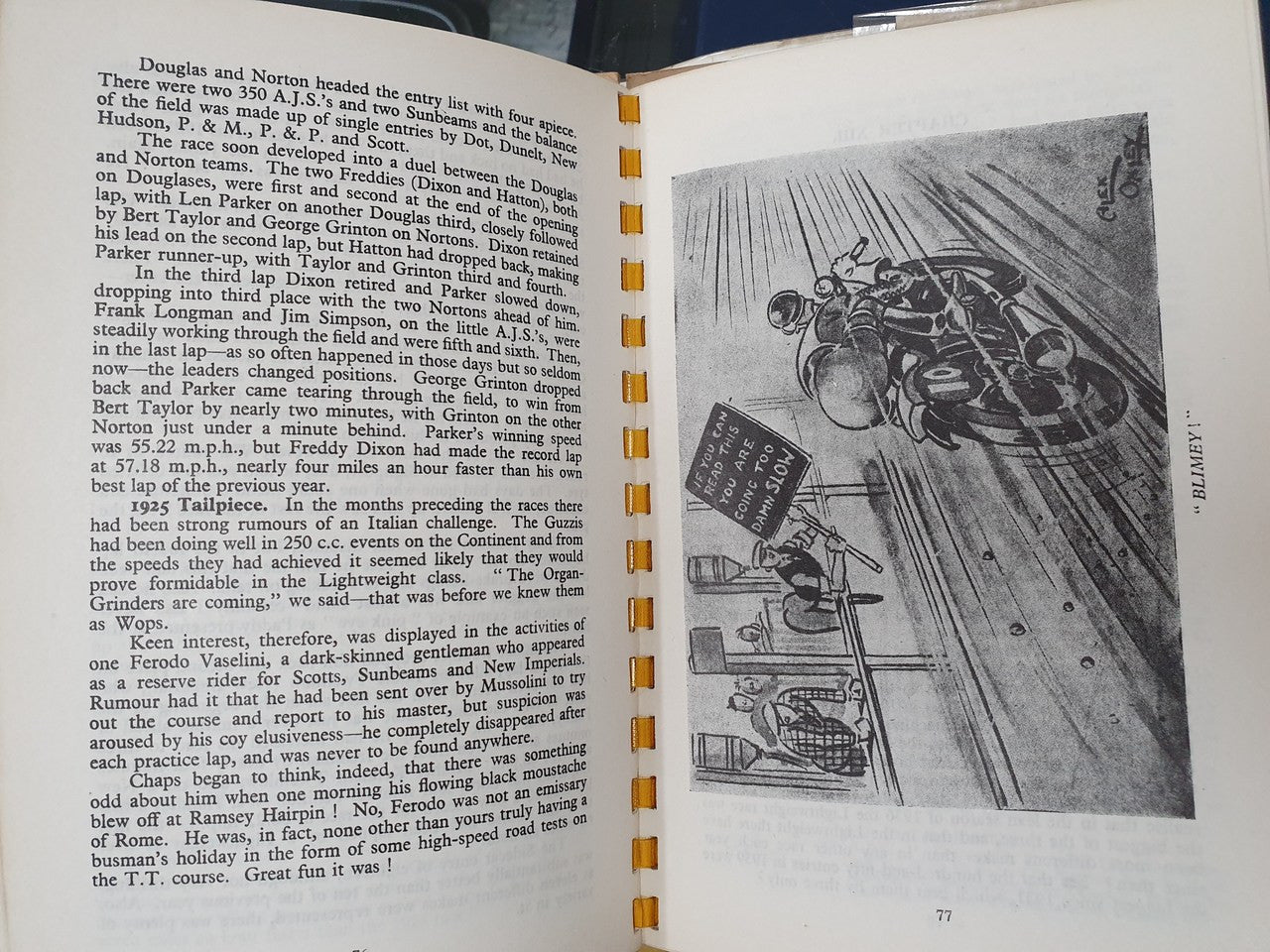 Open hardcover book showing small motor racing images and dense chapter text.