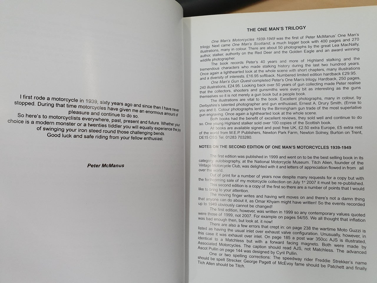 SIGNED One Man's Motorcycles, 1939-1949 (Peter McManus, paperback, 9780953060320)