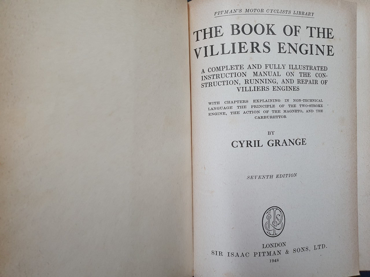The Book of the Villiers Engine - Pitman's Motor Cyclists Library (hardcover, 1948)