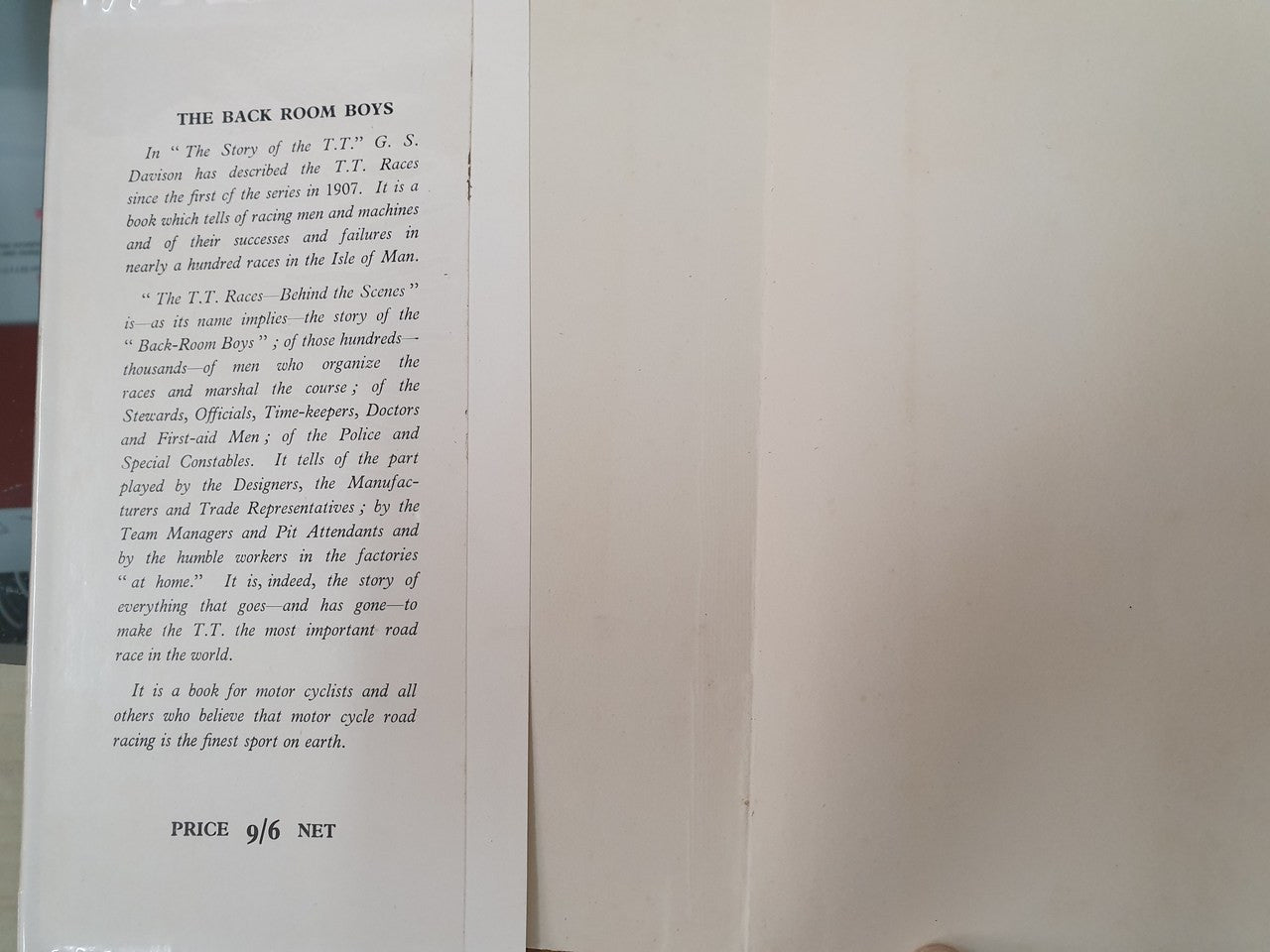 Book page titled "The Back Room Boys" with price 9/6 net printed below