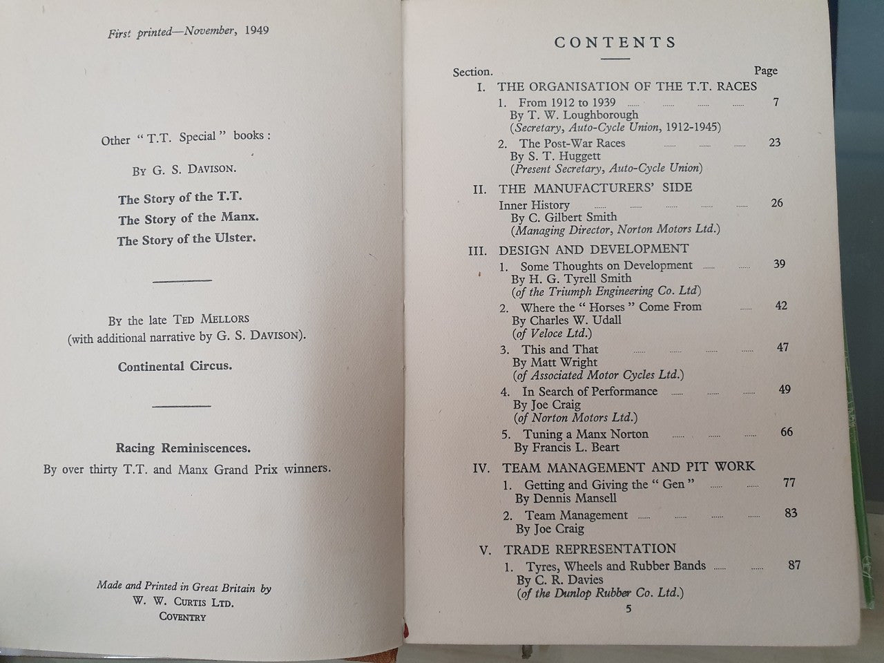 Book contents page with "CONTENTS" and section listings with page numbers