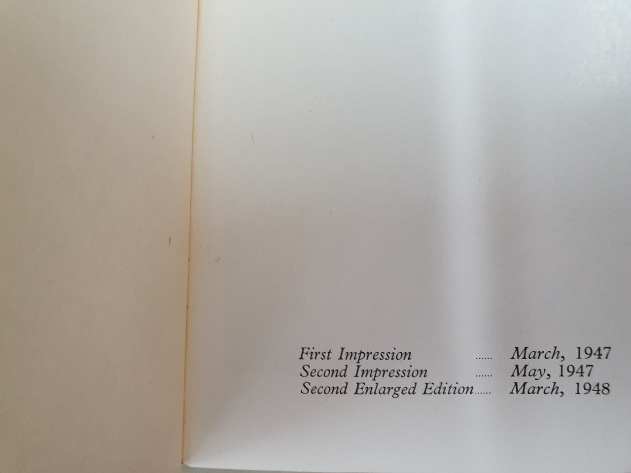 Book page with publication dates and headings 'First Impression' and 'Second Enlarged Edition'