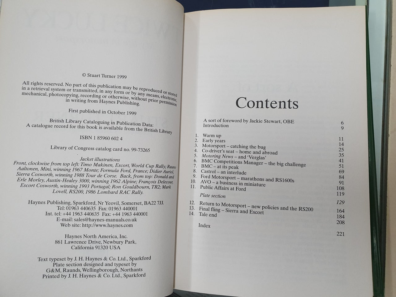 Open hardcover book showing Contents page with chapter headings and page numbers