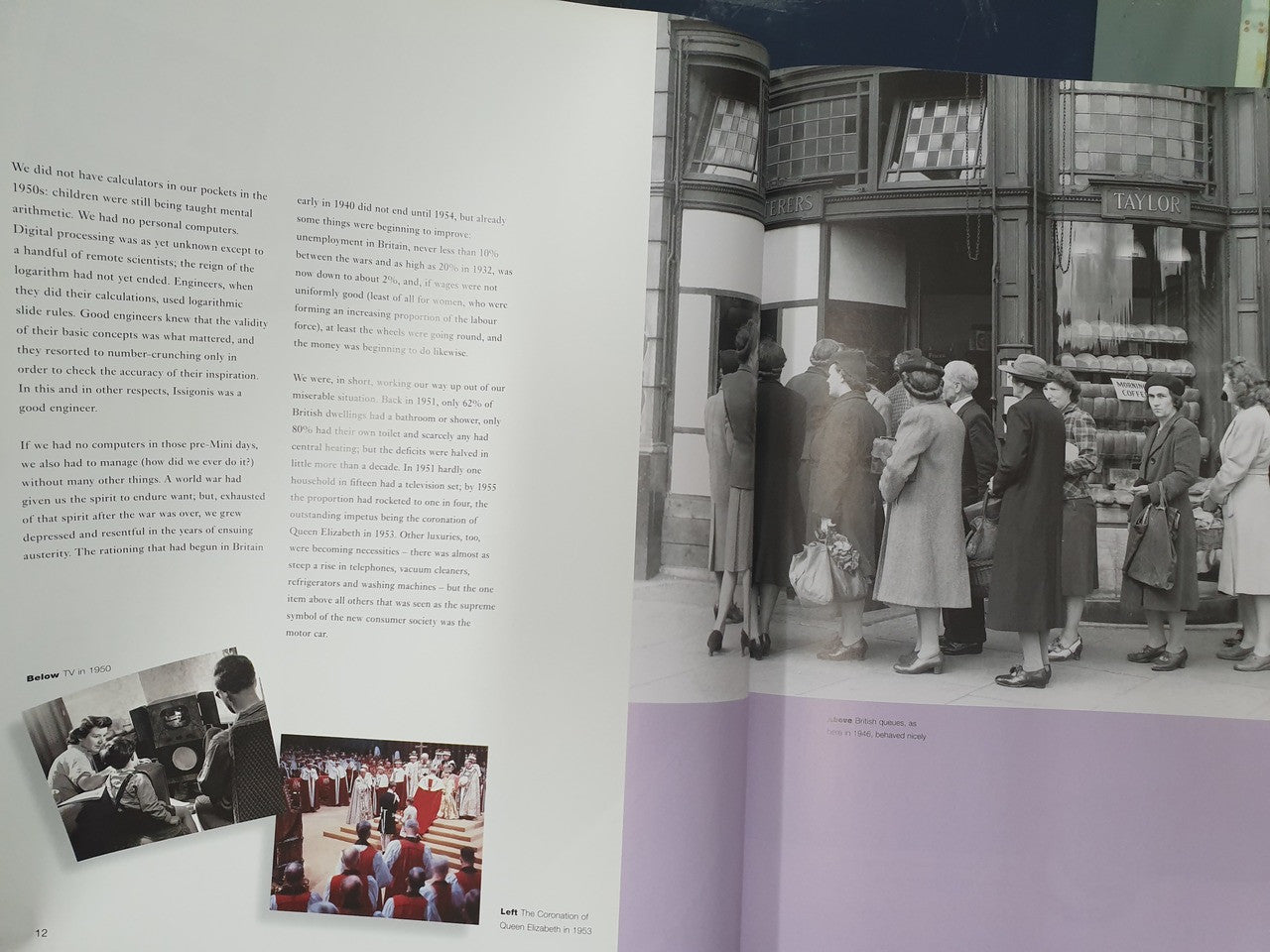 Open hardcover book spread with people standing outside and small photo insets