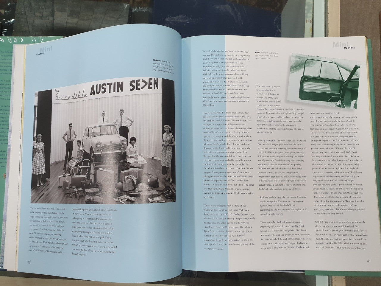 Open hardcover book spread with photo titled 'Austin se7en' and text on right page
