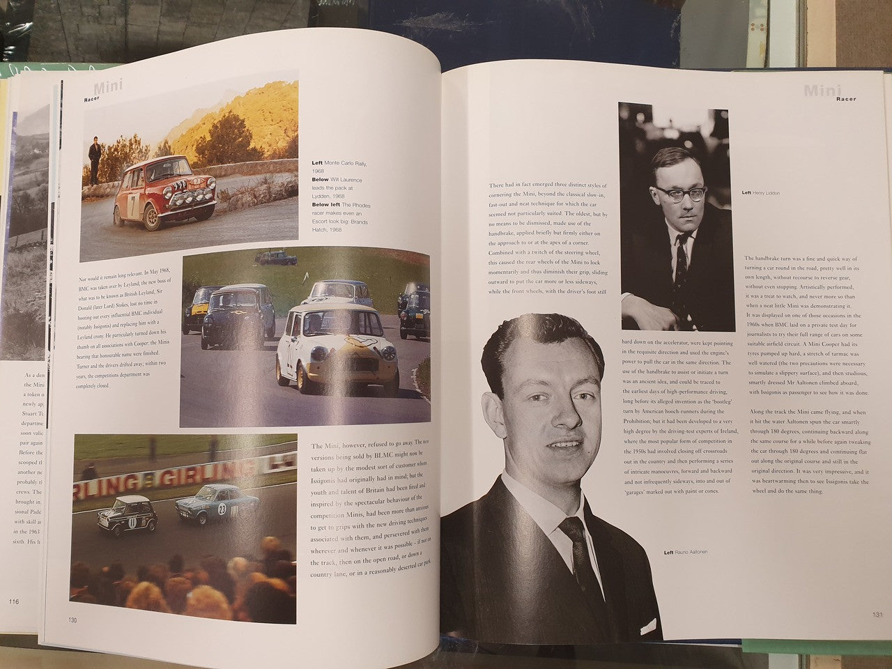 Open hardcover book spread with vintage car photos and an author portrait