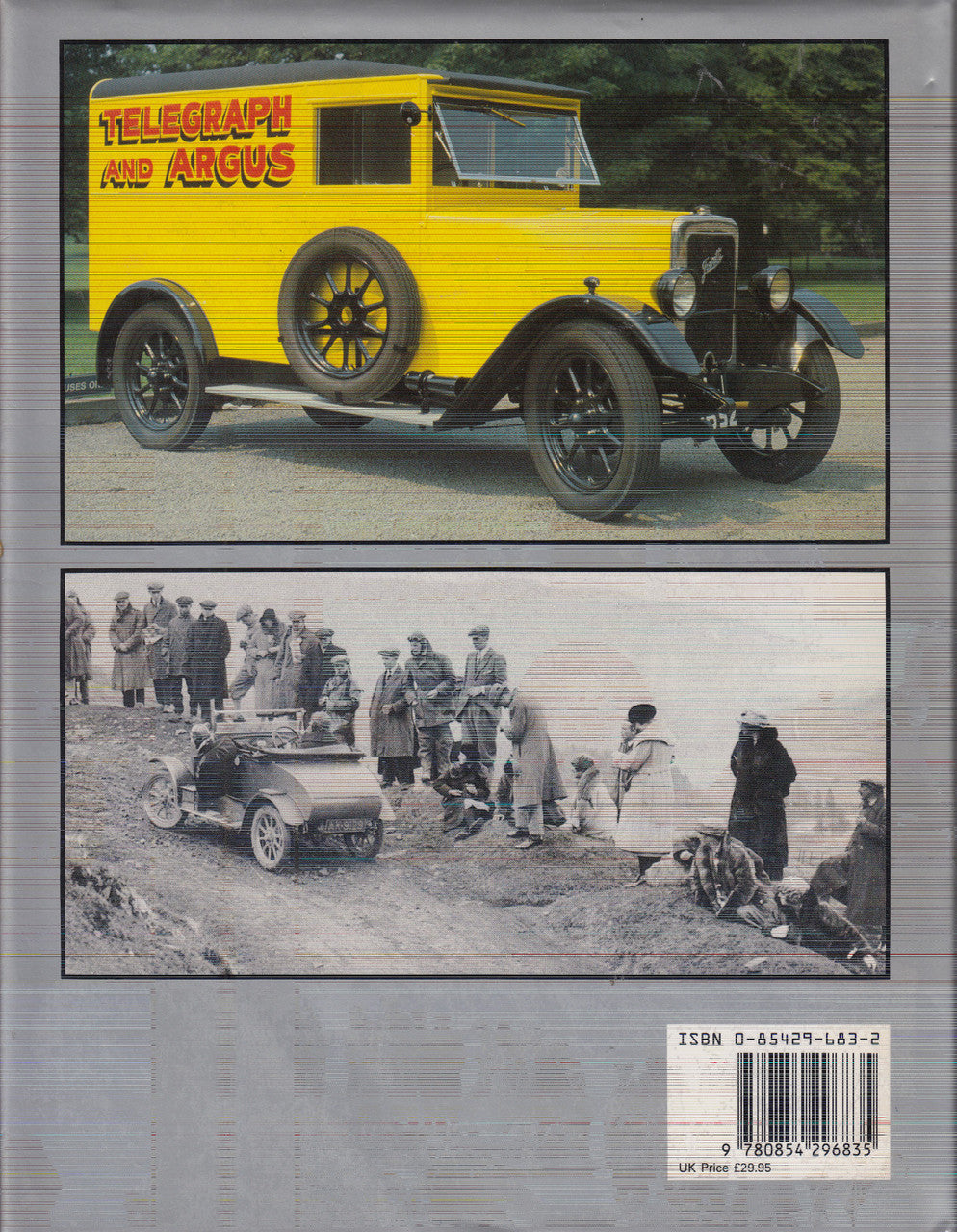 Back cover of Jowett History book with vintage vehicle photos, ISBN and barcode