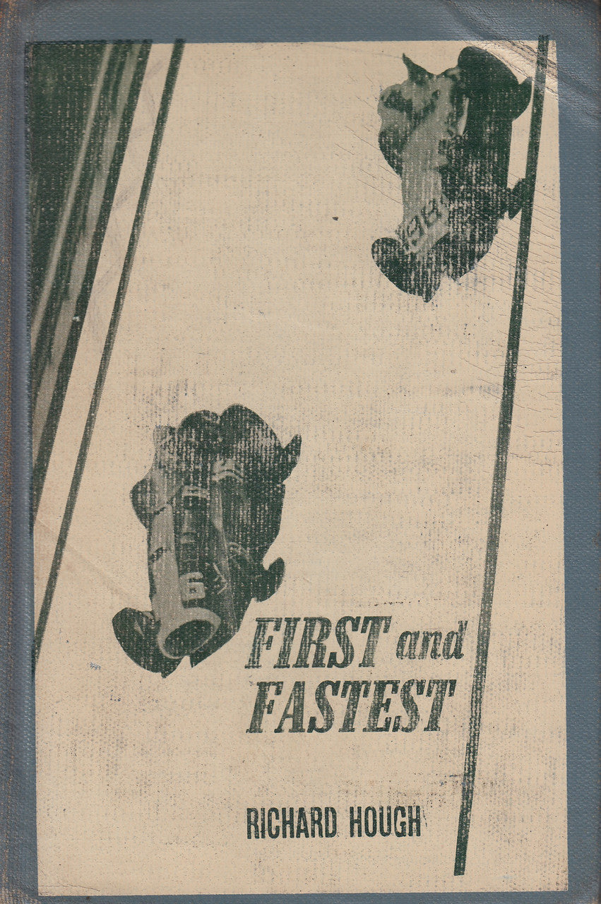 Hardbound book cover in beige with graphic figures, title First and Fastest and Richard Hough