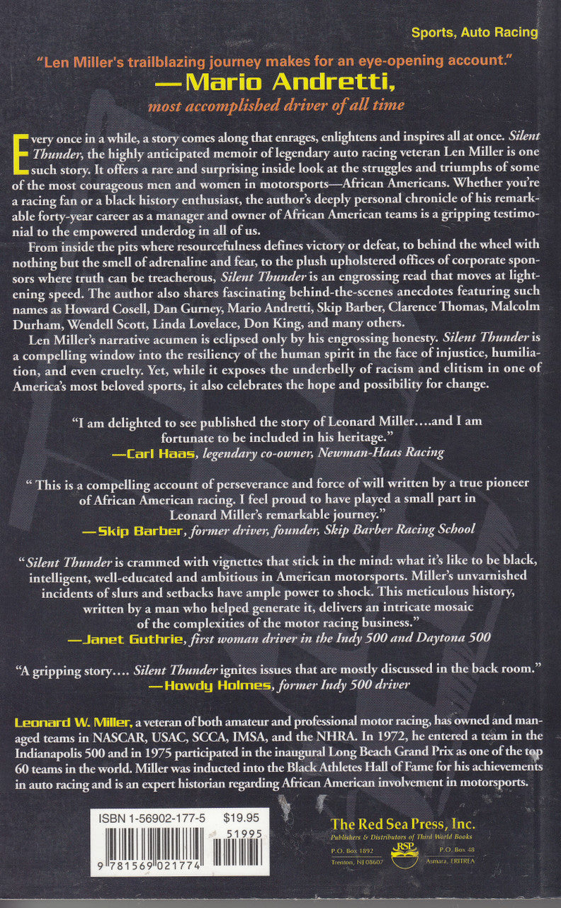 Paperback book back cover with synopsis text and barcode, Leonard W. Miller