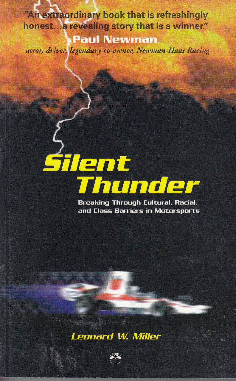 Paperback book cover with Silent Thunder title, racing car image, Leonard W. Miller