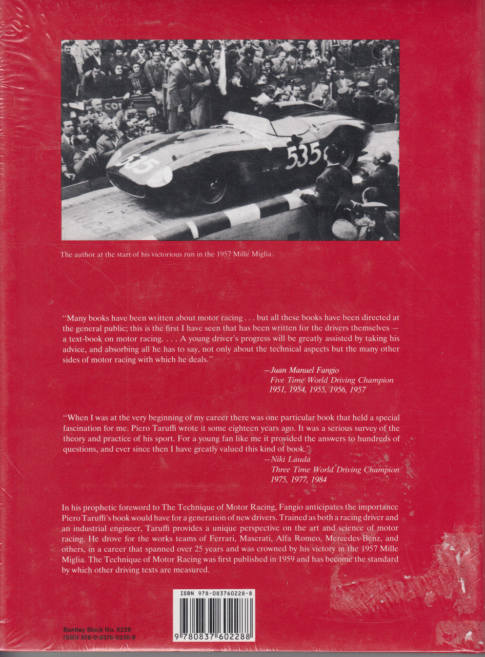 Motor racing technique book back cover with black car photo, text blocks and barcode
