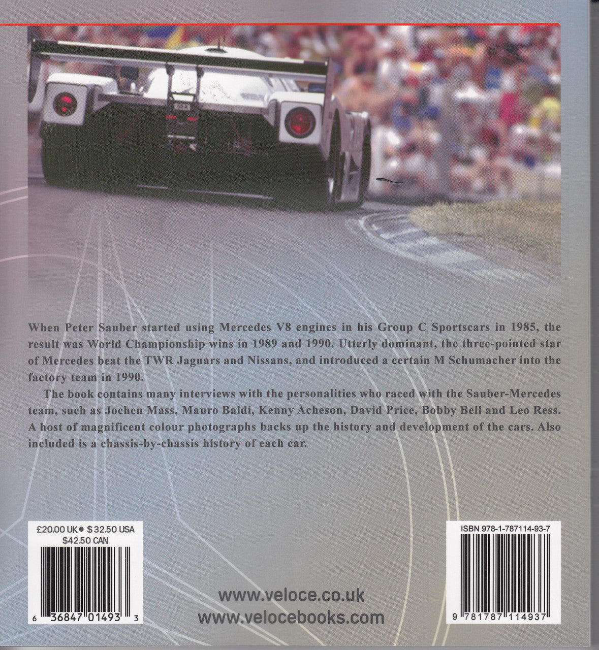 Motorsport history book back with rear racecar photo and barcode
