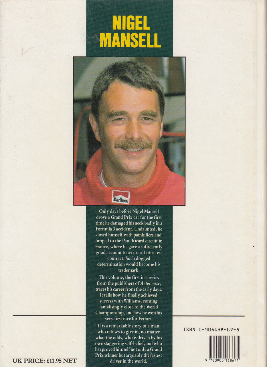 Motorsport hardcover book back cover with portrait of a driver in a red jacket