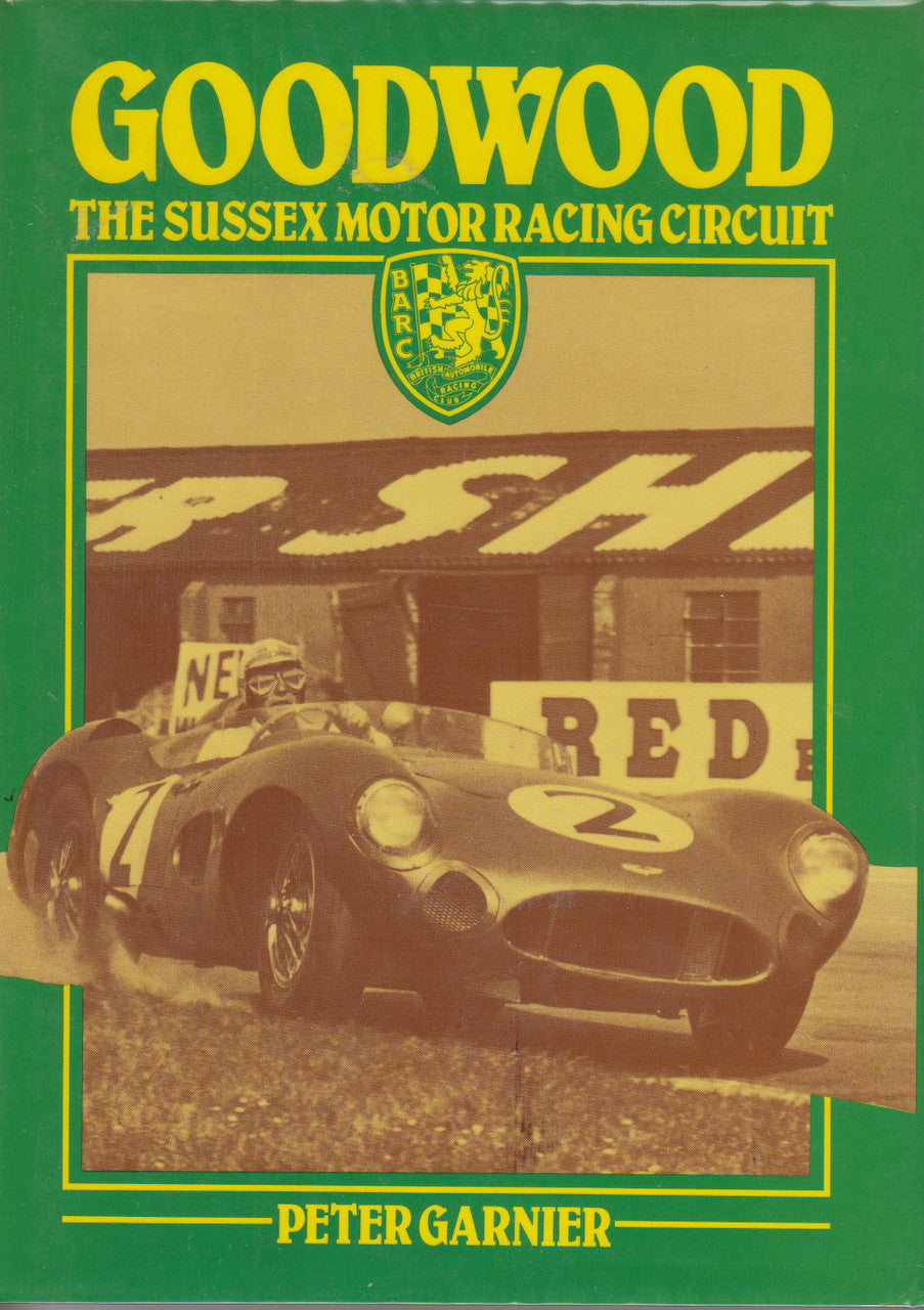 Hardcover book front cover in green with racing cars, crest logo, and author name