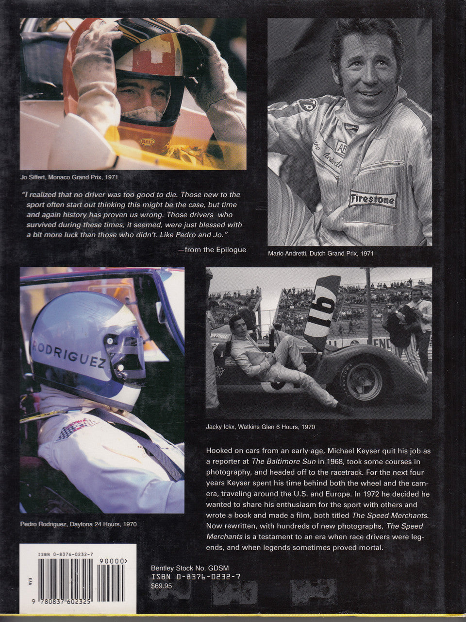 Hardcover book back cover with multiple vintage racing photos, barcode and text blocks
