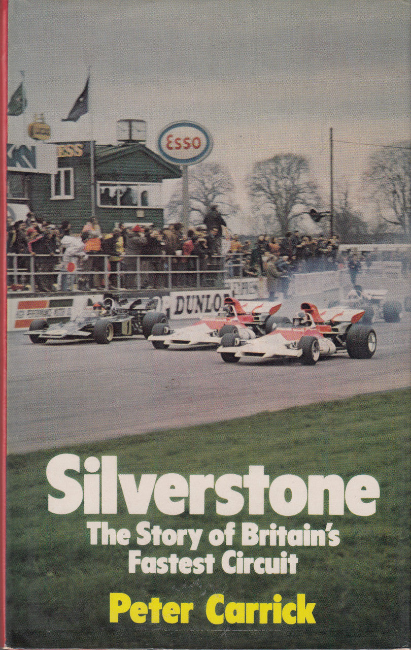 Hardcover motorsport book cover with race cars photo and bold Silverstone text