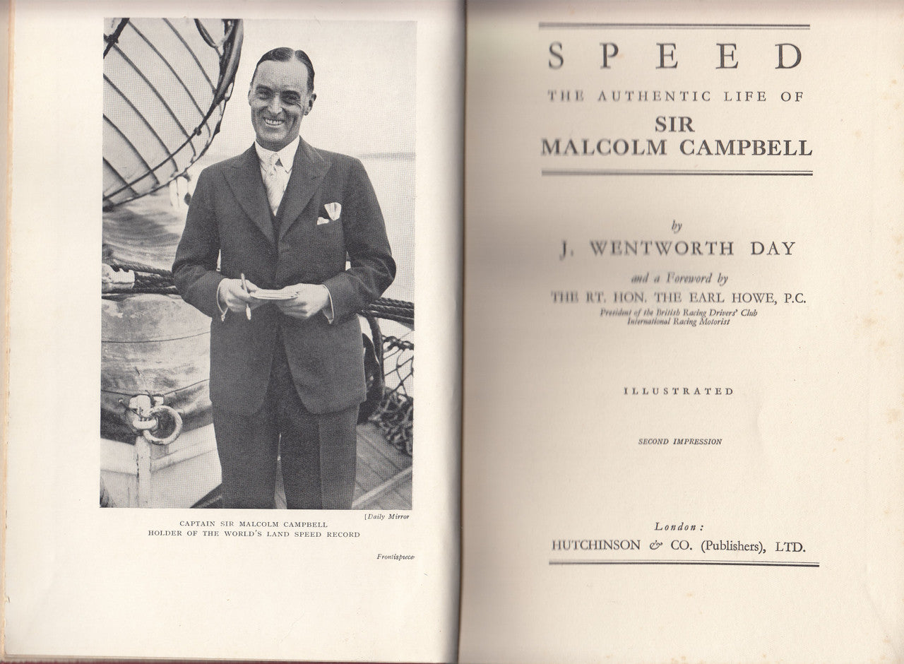 Hardcover book open, showing title page and portrait of Sir Malcolm Campbell