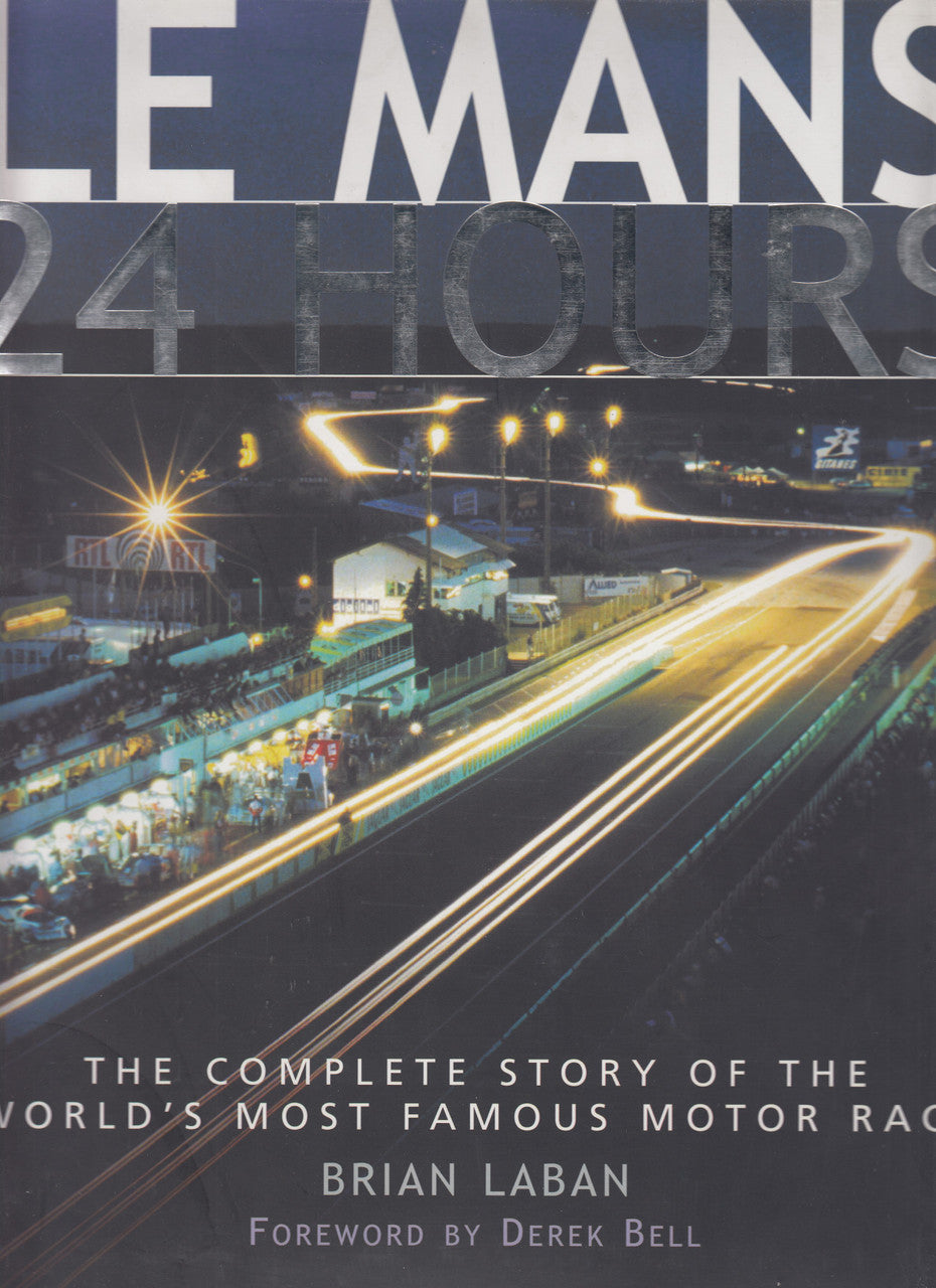 Motorsport book cover with night race track light trails and large blue title lettering