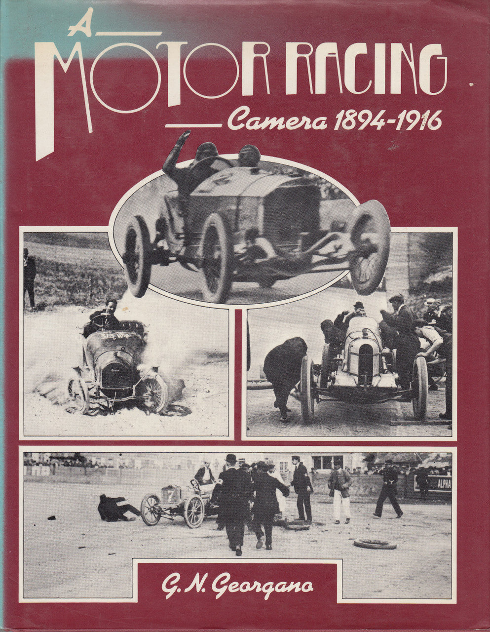 Hardcover book with maroon cover and vintage race-car photo collage