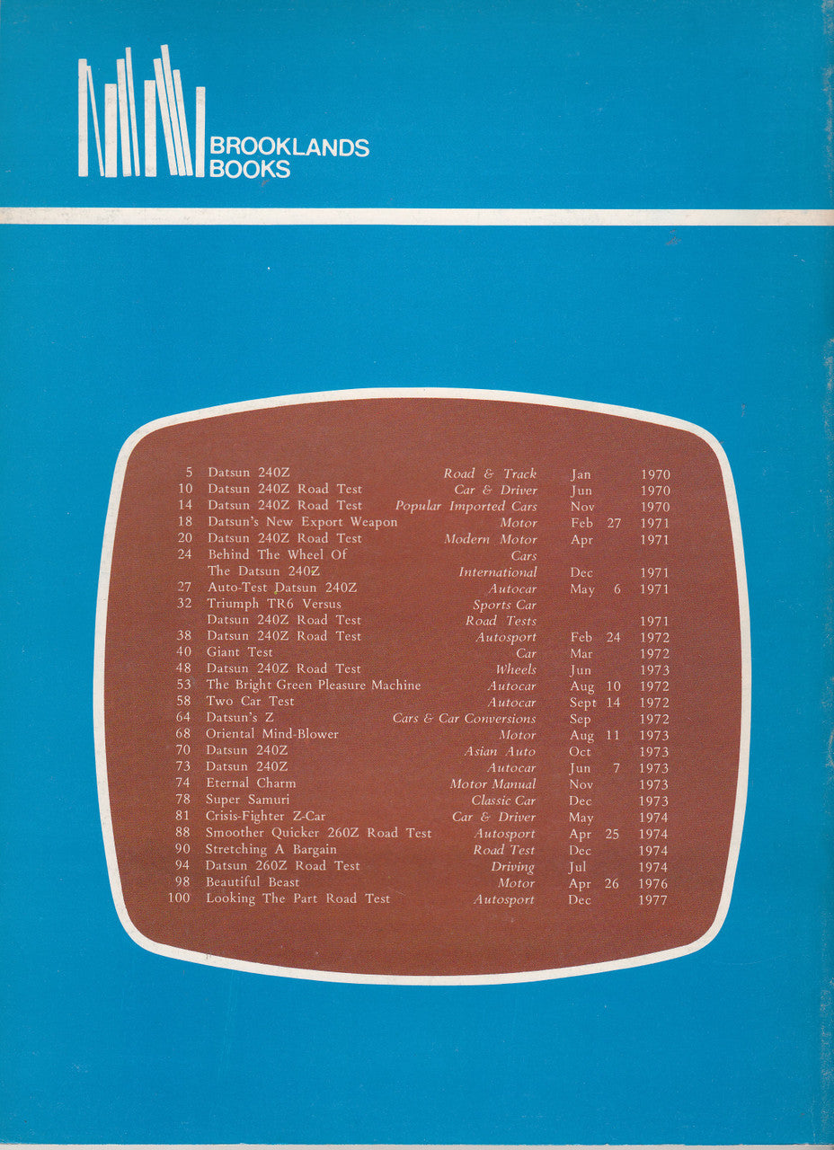Datsun 240Z & 260Z road test book back cover with feature list in a rounded box