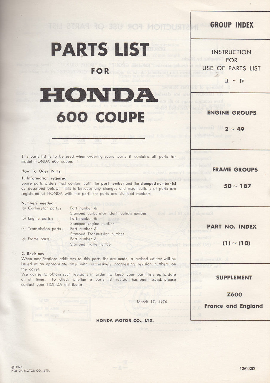 Honda 600 Coupe Parts List 2 (Honda Motor Company 1976) (H600C2)