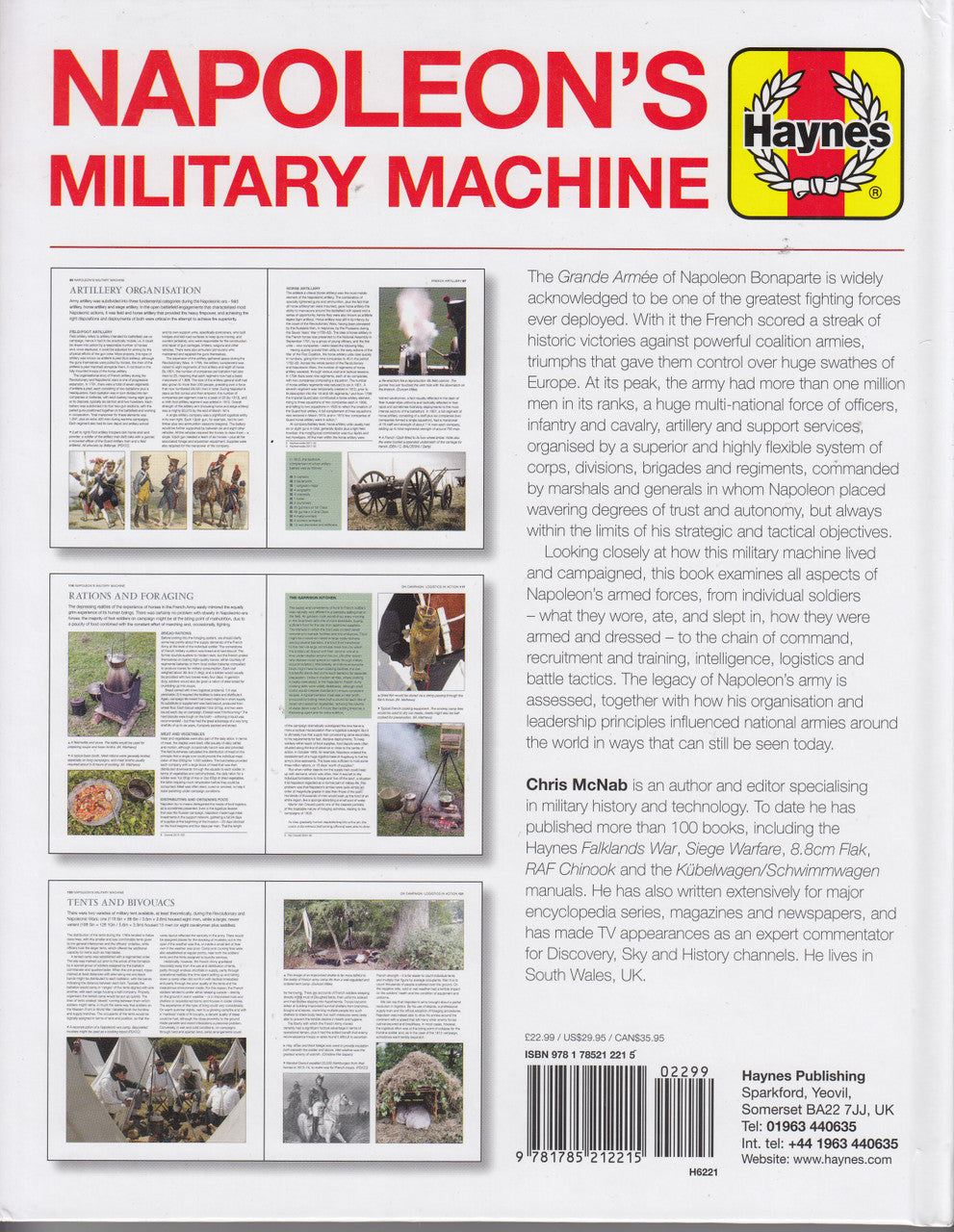 Napoleon's Military Machine operations manual back cover with photo panels and barcode