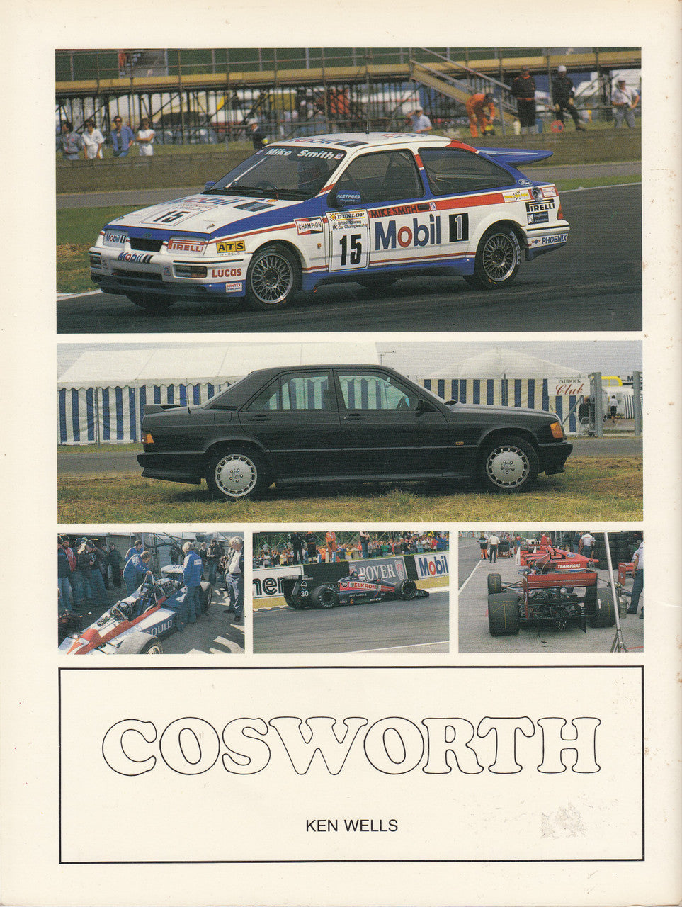 Paperback book cover with Cosworth title, Ken Wells, and collage of race cars