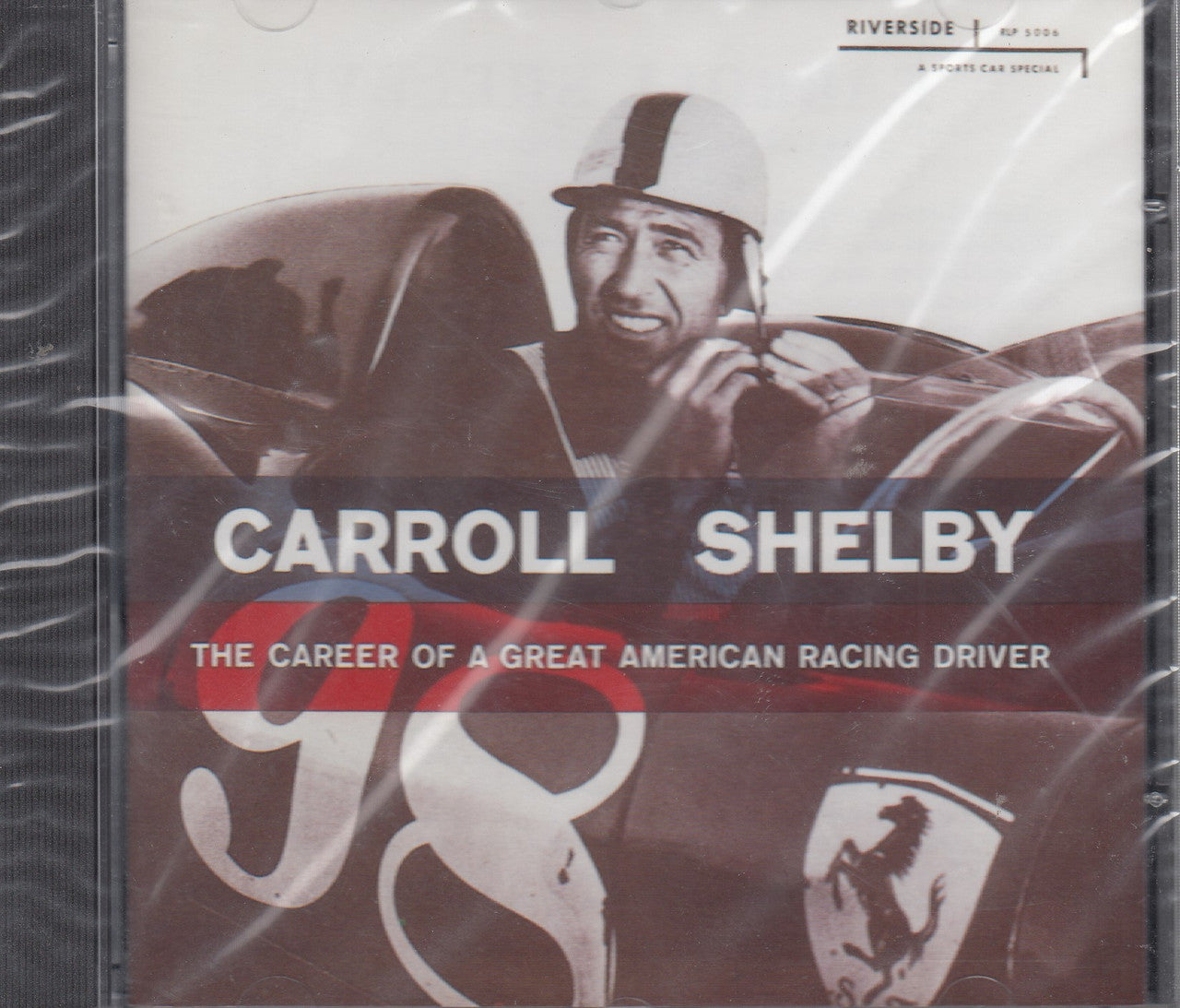 Audio CD case with Carroll Shelby portrait and title 'Career of a Great American Driver'.