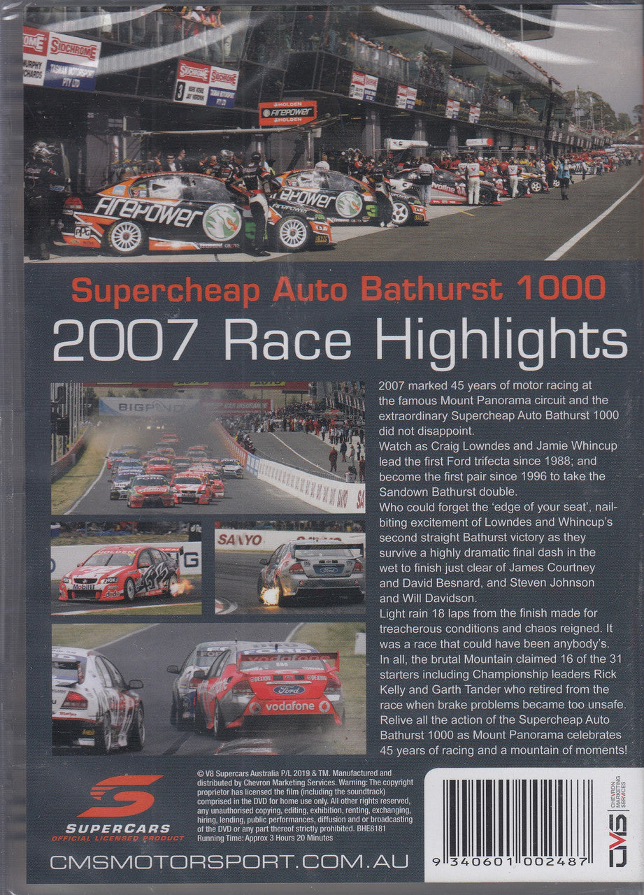 Bathurst 1000 2007 Race Highlights DVD back cover with car collage and Supercars branding