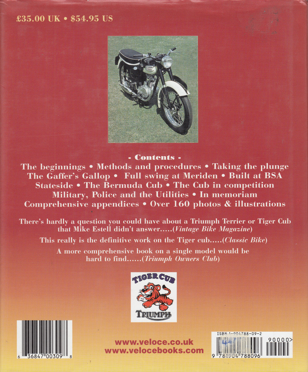 Triumph Tiger Cub Bible back cover with motorcycle photo, contents text, barcode