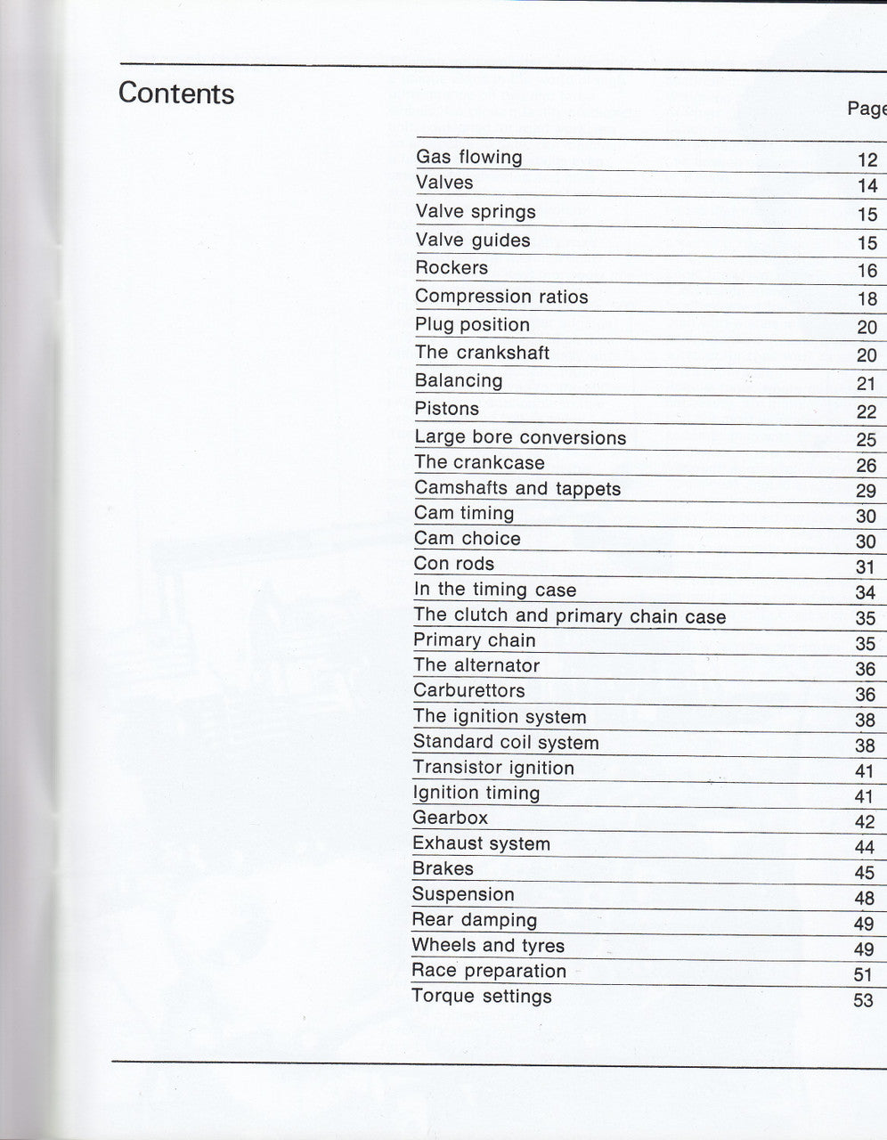 Book contents page with section list and page numbers