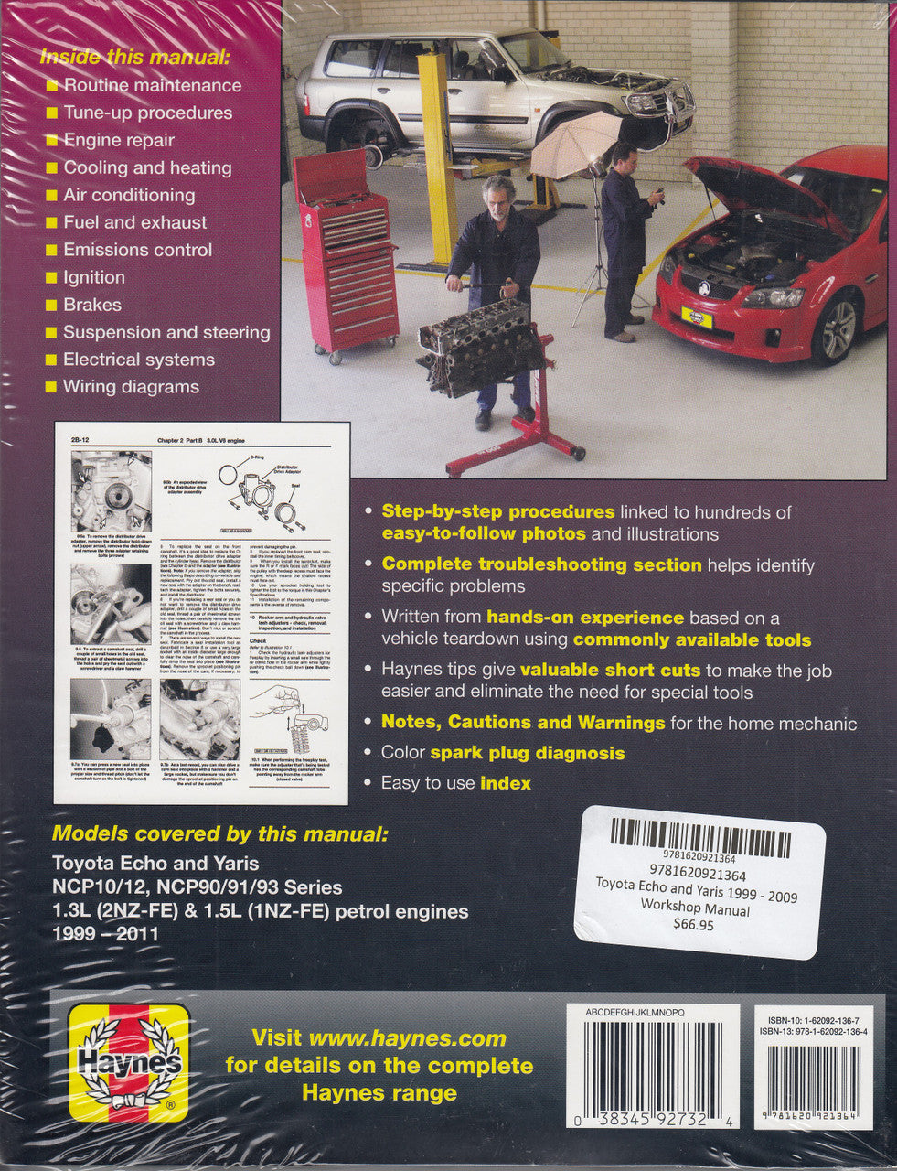 Haynes repair manual back cover with feature list and red car photo
