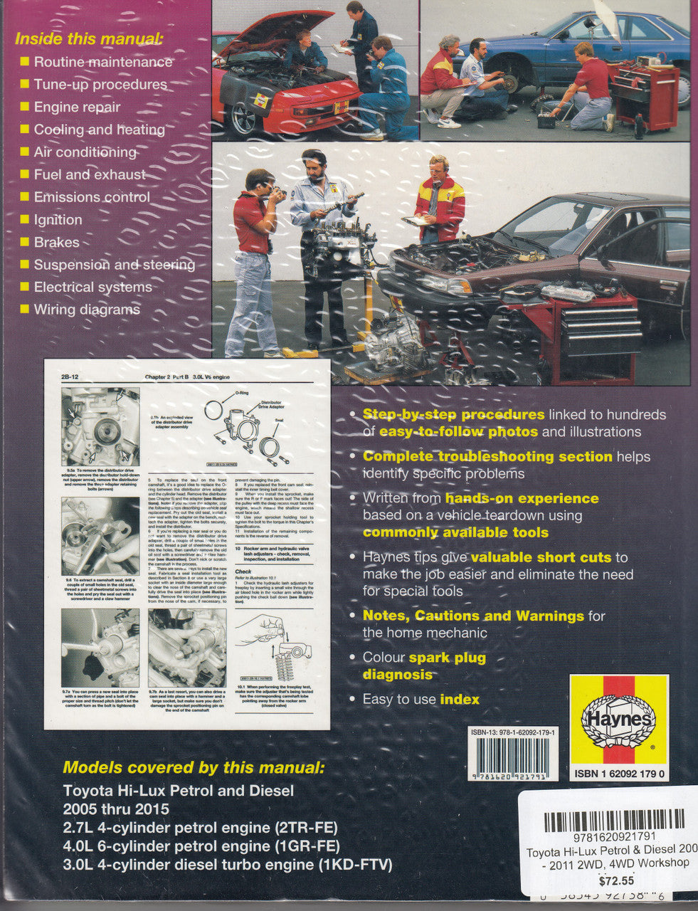 Workshop manual open pages with engine diagrams and wiring and cautions notes