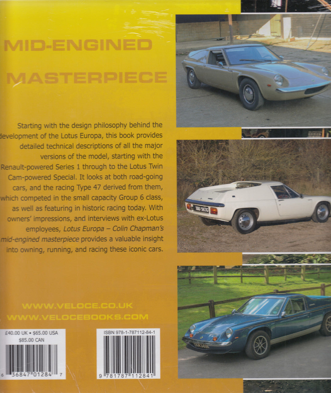 Lotus Europa book back cover with car photos and text layout