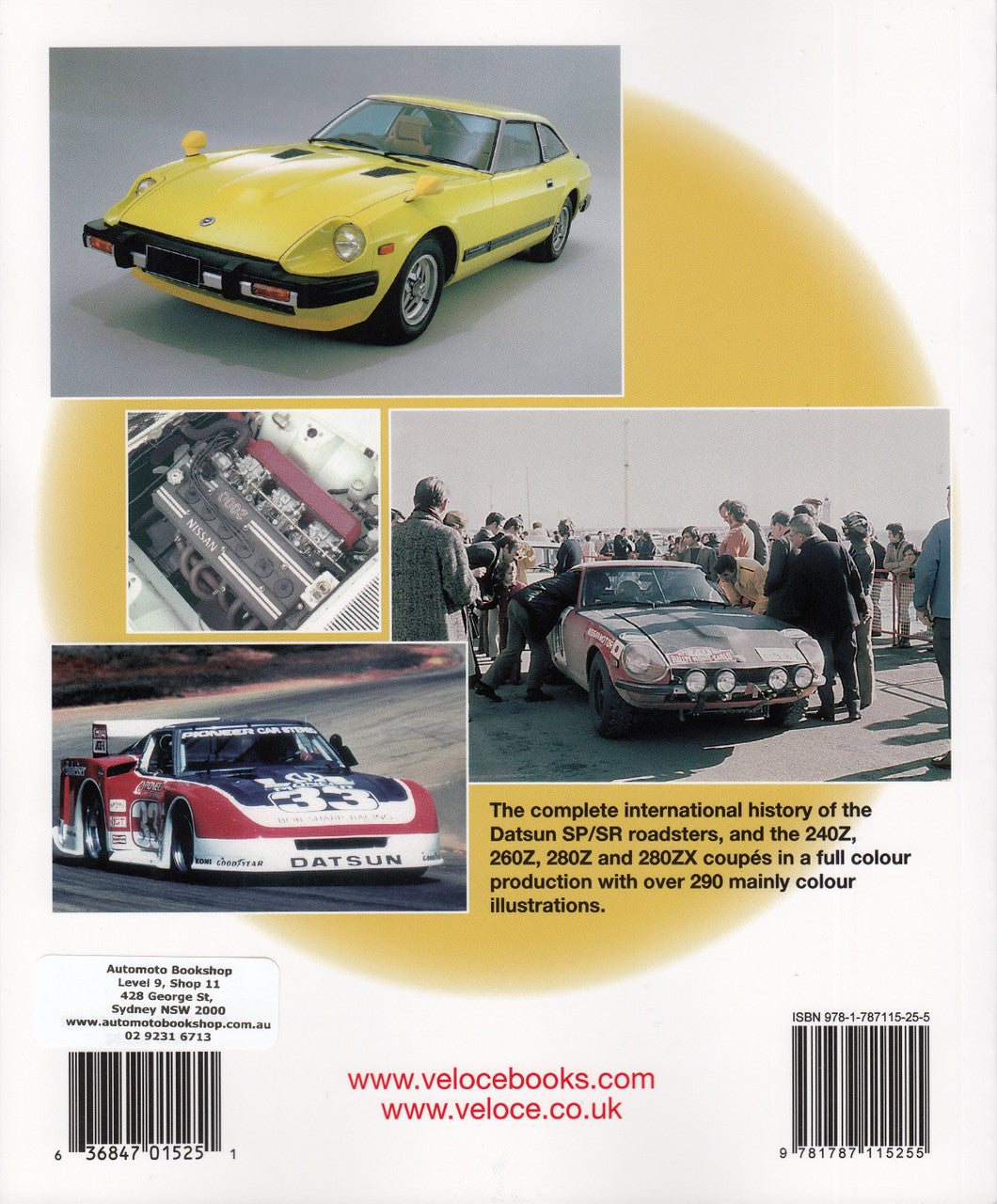 Automotive guidebook back cover with yellow Datsun car and collage photos