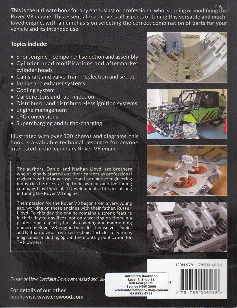Automotive tuning book back cover with feature bullets and engine diagram photos